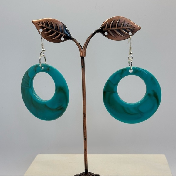Marbled Turquoise Brown Acrylic Drop Pendant Hoop Earrings - Picture 1 of 4